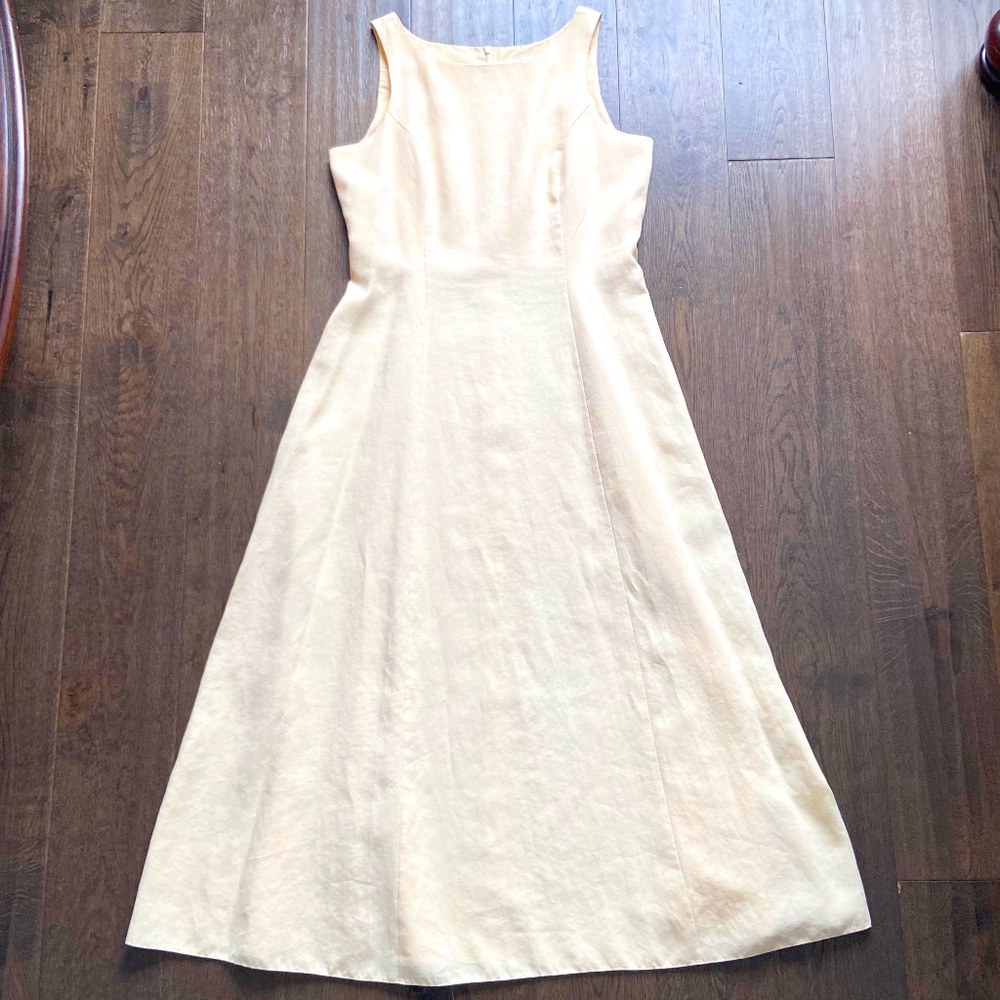 UK BRAND LINEN MIDI DRESS YELLOW COASTAL CHIC TRAVEL COTTAGE ROMANTIC CORE FEMME